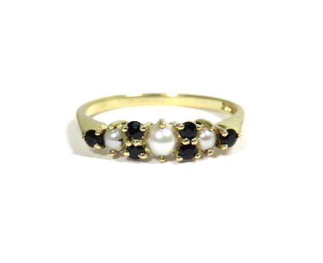 9ct Yellow Gold Ring set with Six small Sapphires and Three Seed Pearls.   Finger size 'N'   1.6g