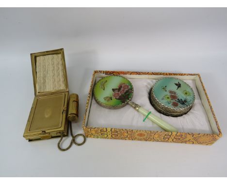 Kigu compact/ cigarette case &amp; lipstick holder plus a japanese jadeite handle vanity mirror and trinket.