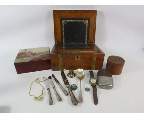 Antique 1902 writing box with brass inlay, Two oriental trinket boxes and a small selection of collectable items.