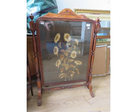1940's Era Firescreen with embroidered Sunflower decorations under glass. Carved Surround.  H:40 x W:28 inches. See photos.