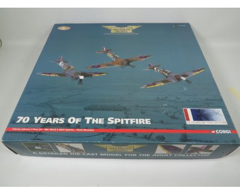 Corgi 1:72 Scale Die Cast Model set of 70 years of the Spitfire collection. Contains three Die cast Spitfires, One has missin