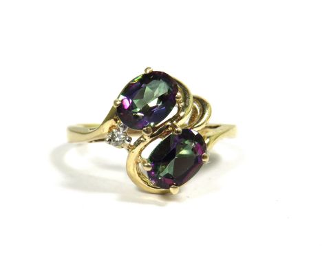 9ct Yellow Gold Ring set with Twin Mystic Topaz and Small Diamond.  Finger size 'P-5'   3.0g