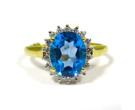 9ct Yellow Gold Ring set with a large Central Topaz (10x 8mm) Diamond Surround. Finger Size 'R'  3.5g