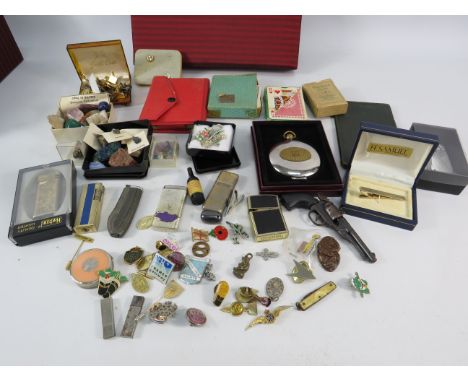 Mixed collectables lot to include lighter, enamel badges, cufflinks etc.