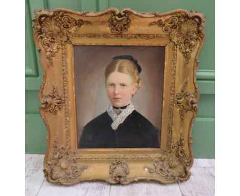 Oil on board portrait of a Victorian Lady, signed L CELLA 1881, Frame size 18" by 16.5", painting 11.5" by 10"