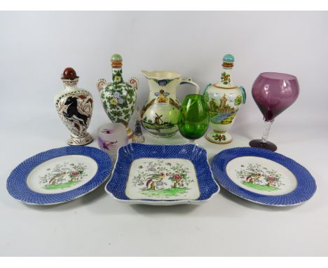 Mixed ceramics and glass lot including Copeland Spode, Italian pottery bottles etc.