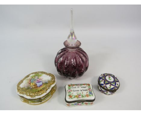 Art glass scent bottle and 3 ceramic trinket/ pill boxes including ones by Dresden.