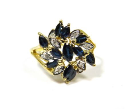 9ct Yellow Gold Ring set with Clusters of Diamond and Sapphires.  Finger size 'M'   3.3g