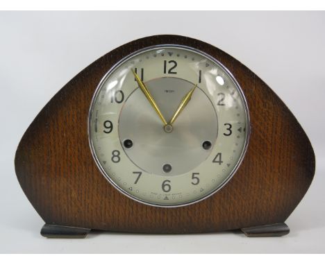 Smiths 2 jewel floating balance chiming mantle clock in running order with key.
