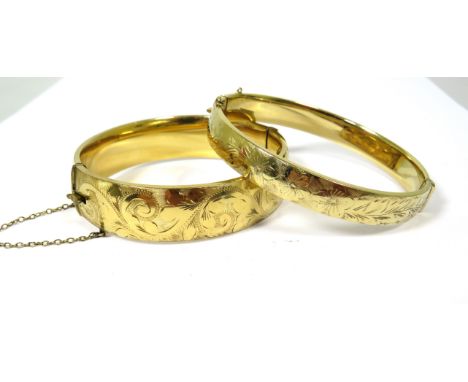 Two 9ct Gold Plated Bangle Bracelets, one with safety chain. See photos. 