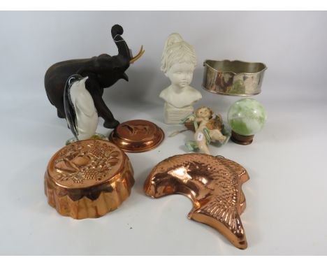 Mixed lot to include copper jelly moulds, Ceramic bust, wooden elephant, depose cherub etc.