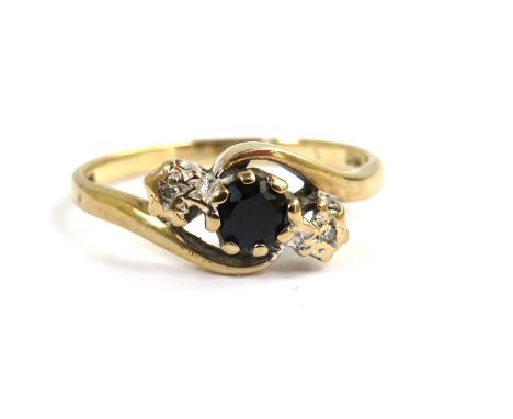 9ct Yellow Gold Ring set with a central Sapphire with two melee Diamonds to sides. Finger size 'N-5'  1.8g