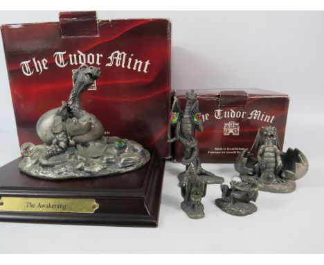 Five Myth and Magic pewter figures including The Awakening and the Reborn Dragon. Some boxes included.