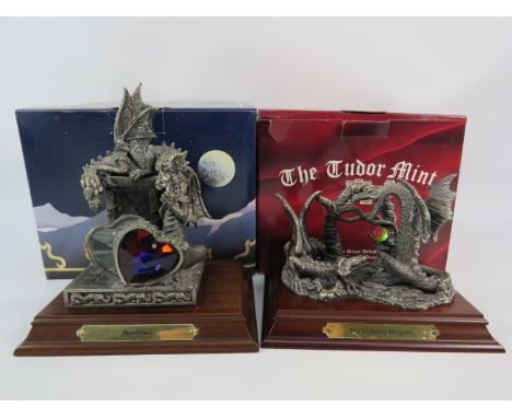 Pewter Myth and Magic Figures Bewitched and Fighting Dragons, the tallest been 7.5". With boxes.