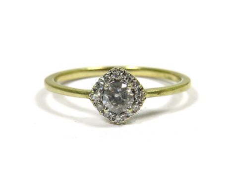 9ct Yellow Gold Ring set with a Central Diamond and smaller Diamonds Surrounding.,  Finger size L   1.1g