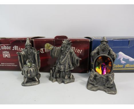 Three Myth and Magic pewter Wizard figures, with boxes.