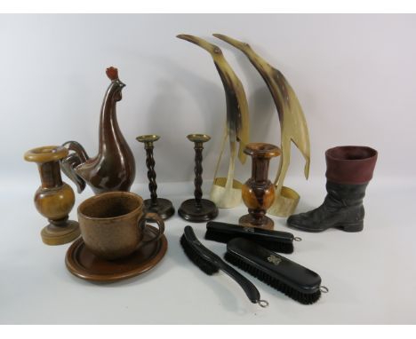 Mixed lot to include carved horn birds, ceramic boot, candlesticks, ebony clothes brushes etc