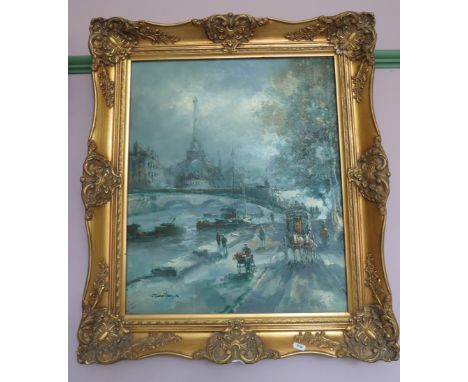 Oil on Canvas of a Parisian scene signed K Sebastian in an ornate gilt frame. Frame size 30" by 26.5".