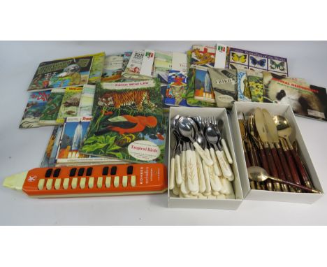 Two set of Viners cutlery,large selection of tea cards and a Hohner Melodica student.