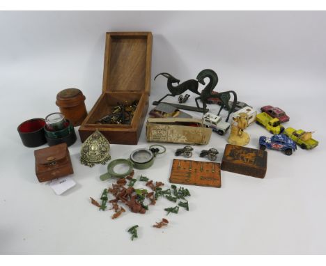 Mixed collectables lot to include 2 Bronze alloy figures, Compass, cufflinks, diecast cars etc.