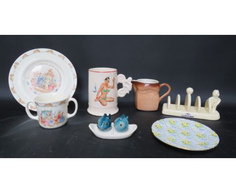 Mixed ceramics lot including a Lurpack toast rack, Hovis jug, Goebel cruet set, Royal Doulton Bunnykins etc.