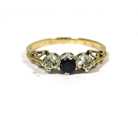9ct Yellow Gold Ring set with a Central Sapphire (6 x 3mm) with Twin Melee Diamonds to side. Finger size 'M-5'   1.8g