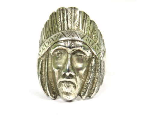 Large 925 Silver Indian Chief Ring.  Finger size 'S-5'   24.7  Hallmarked for London 1962