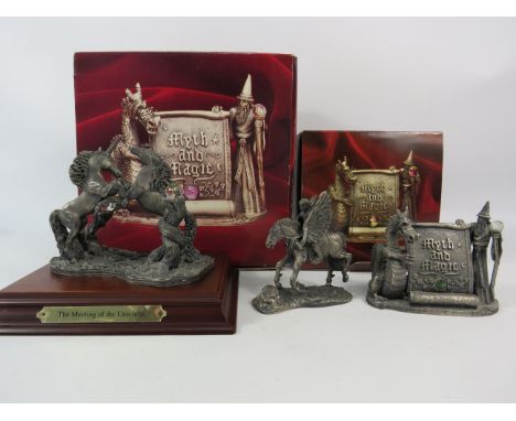 Three Myth and Magic pewter figures The Meeting of Unicorns, Mystical travellers and The Magical encounter. 2 have boxes &amp