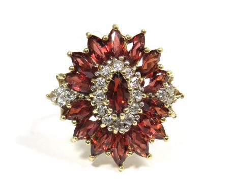 9ct Yellow Gold Ring set with a Central Garnet with Diamond Surround and sides.  Finger size 'M'   5.8g