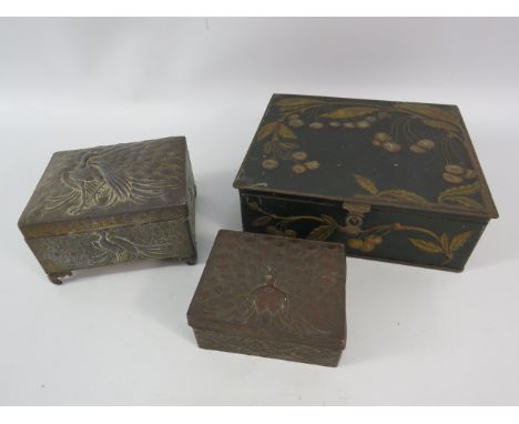 Two vintage chinese metal trinket boxes with peacock decoration plus a vintage tin.