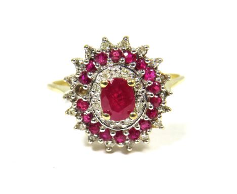 9ct Yellow Gold Ring set with a Central Ruby (6 x 4mm) With alternate surrounds of Diamonds and Rubies. Finger size 'P-5'   2