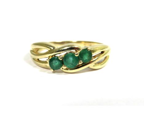 9ct Yellow Gold Ring set with three Emerald Coloured Gemstones. Finger size 'N'    2.4g