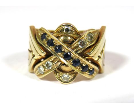 14ct Diamond and Sapphire Set Puzzle Ring. Finger size 'V'  15.3g 