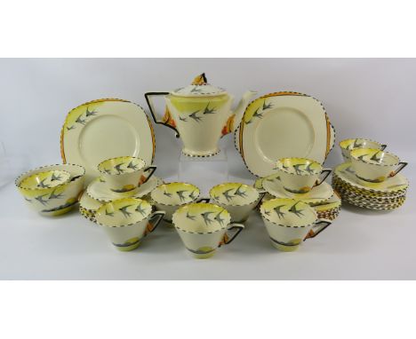 Burleigh ware Zenith Sunray patten art deco teaset, 39 pieces in total. Two cups have hairlines cracks.
