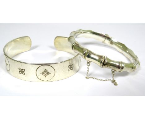 925 Scottish Bangle Bracelet. Hallmarked for Edinburgh 1979 plus a 925 Silver Bamboo Bangle with safety chain fitted. Total w