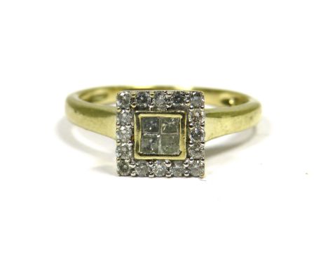 Art Deco style 9ct Yellow Gold Ring set with Four Central Diamonds with melee Diamond Surround.. Finger size 'O-5'   2.1g
