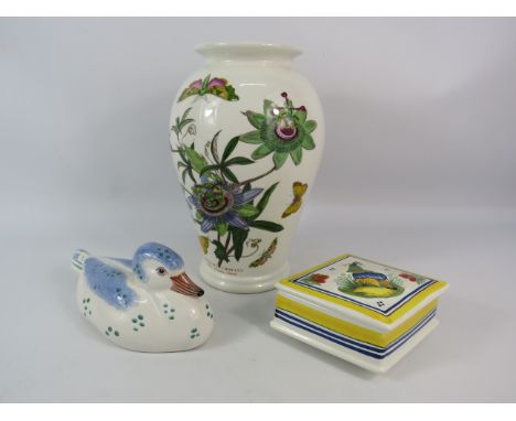 Mixed ceramics lot incuding a Rye pottery duck, Quimper lidded trinket and a Portmierion vase which stands 10.5"tall.