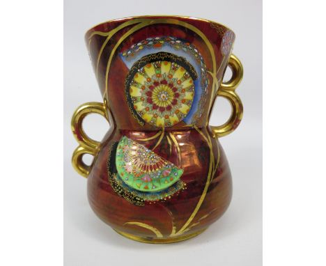Rare Carlton ware Flower and falling leaf pattern vase with hooped handles, 4 1/2" tall.