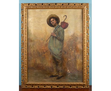 19th century English school, portrait of a farmer with a stick and bundle over his shoulderOil on canvas, unsigned59cm x 45cm