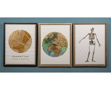 A group of three pictures by Coup &amp; Co depicting a gilt globe, a skeleton and a birds eye view of Manhattan, each set in 