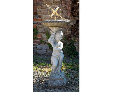 A cast reconstituted stone sundial or birdbath with armillary dial to the central birdbath and with support of a boy holding 