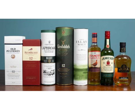 A selection of eight bottles of whisky to include: Glenfiddich Single Malt Scotch Whisky, 12 Years Old; Old Polteney Single M