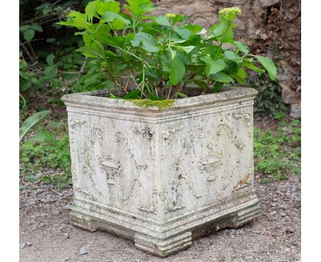 A cast reconstituted stone square planter with classical ornament and bracket feet48cm wide x 47cm high Qty: 1In weathered an