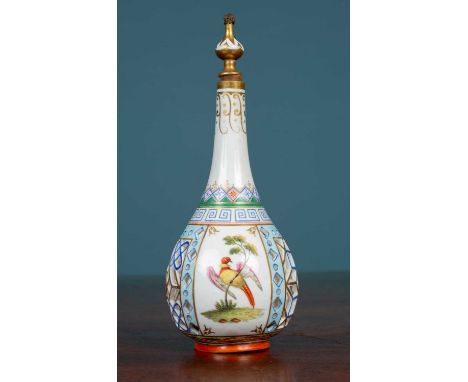 Early 19th century Chamberlains Worcester scent bottle and stopper with pierced reticulated decoration and painted with fruit