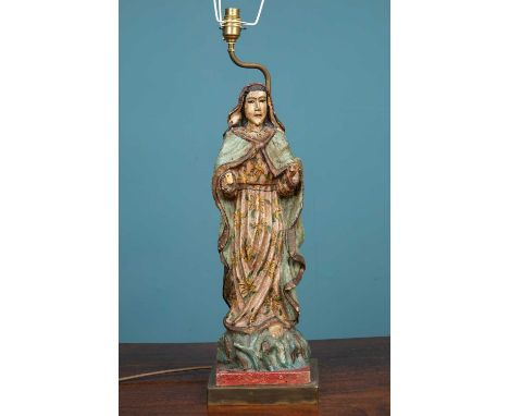 A pair of brass table lamps; together with a further pair of table lamps with faux blue marble painted decoration; and anothe