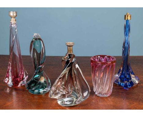 A group of four Val St Lambert glass table lamp bases, the largest 37cm high; together with a vase by the same maker, 17.5cm 