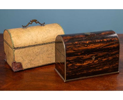 A Victorian coromandel tea caddy with a domed top and domed compartments within, each springing open at the touch of a button