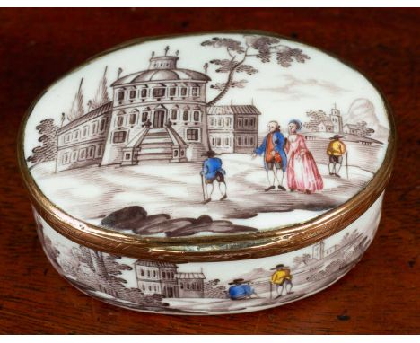 An 18th century continental porcelain snuff box with gilt metal mounts, painted with scenes of palaces in countryside8.5cm wi