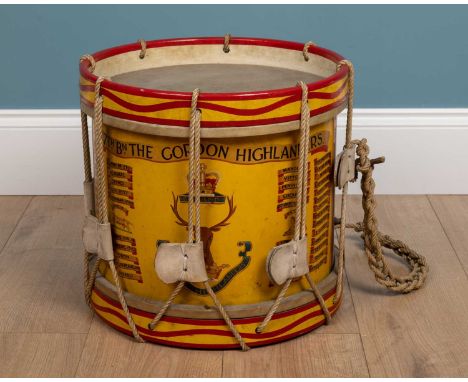 A 20th Century 4th/7th Battalion,The Gordon Highlanders regimental drum by Henry Potter &amp; Co. (Drums) Ltd, with painted d