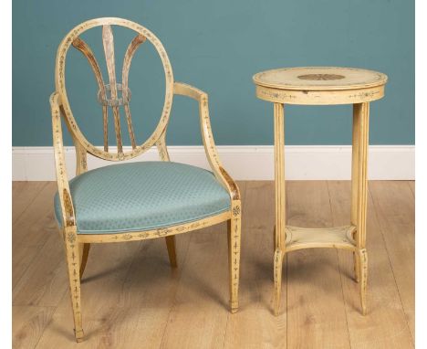 An Adam style painted side chair with fleur-de-lis splat and overstuffed upholstered seat; together with a similarly decorate